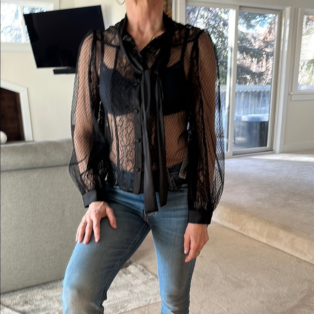 Black Sheer Tie Front Blouse with Peter Pan Collar